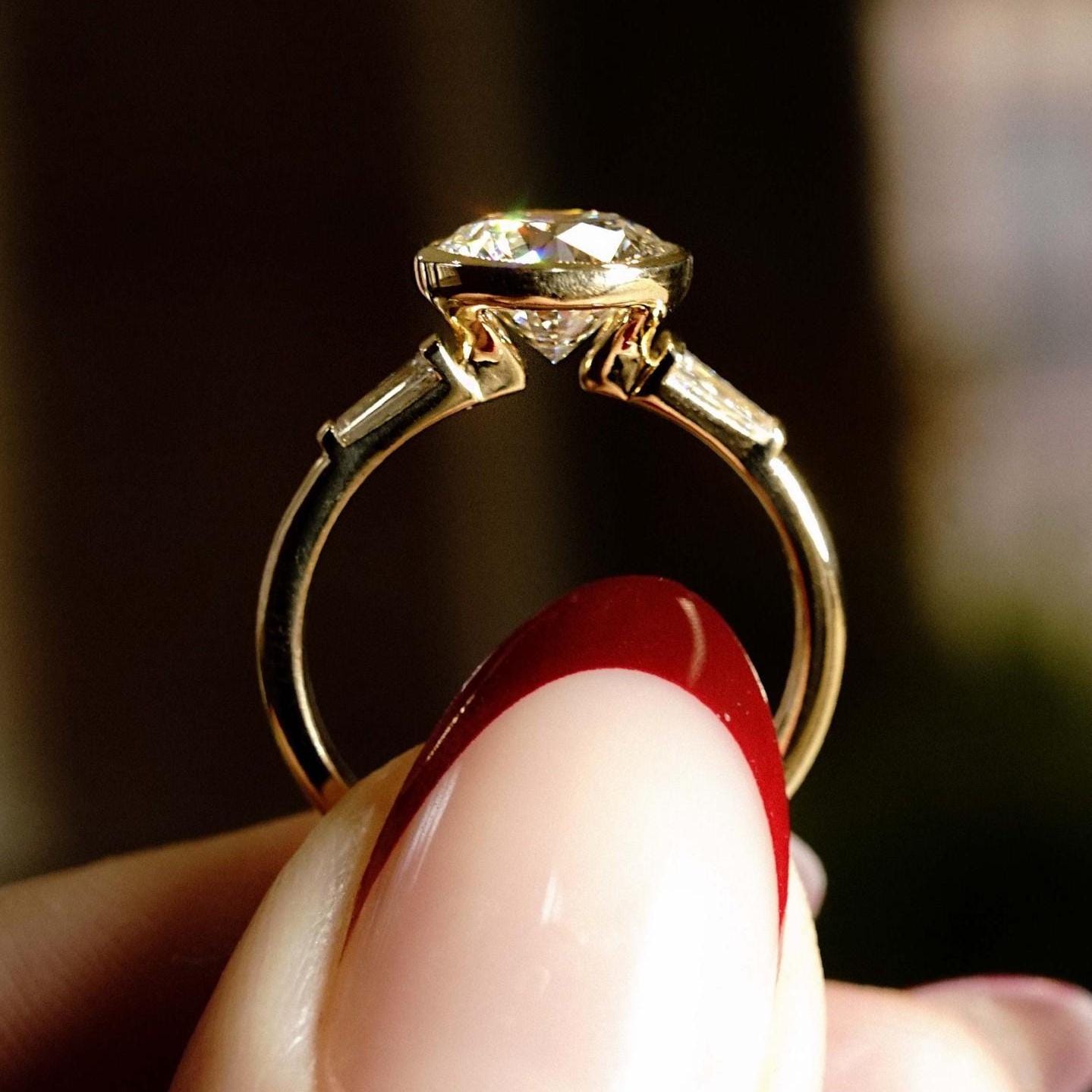 2 Carat Round Cut Bezel Baguette Three Stone Ring  | Lab Grown Diamond  IGI Certified D-E VS1-VVS2 | 14K / 18K Solid Gold | 2  to 5 Carat