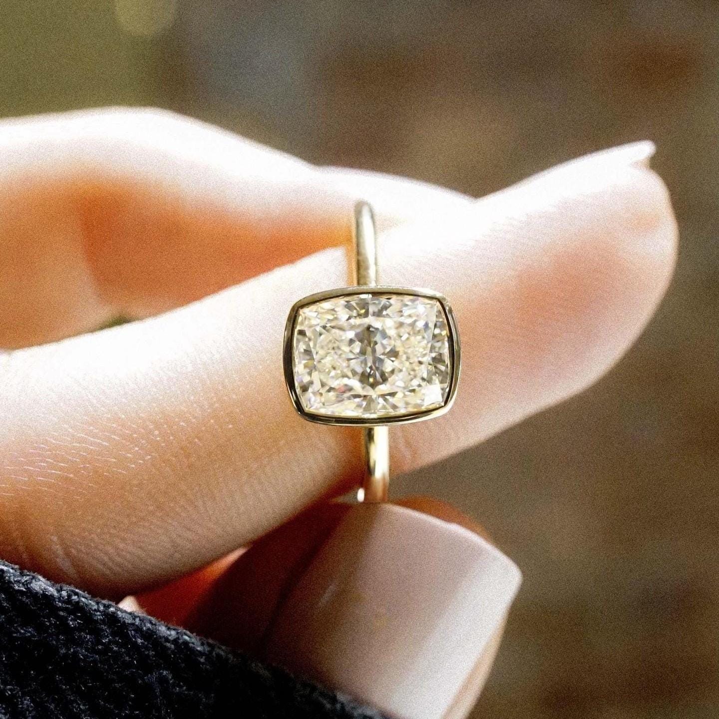 2 Carat Elongated Cushion Bezel Setting Lab Grown Diamond ring  | IGI Certified D-E VS1-VVS2 | 14K / 18K Solid Gold | 2 to 5 Carat