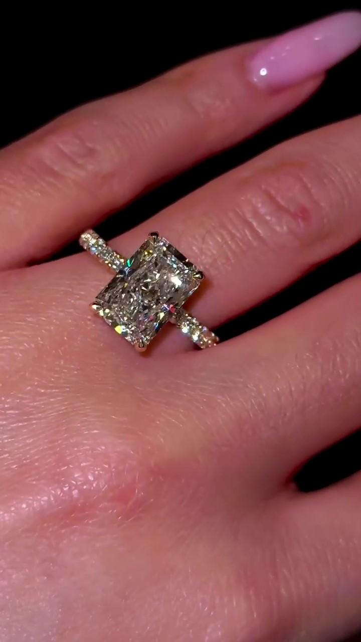 2 Carat  Radiant Pave Band Hidden Halo Lab Grown Diamond ring  | IGI Certified D-E VS1-VVS2 | 14K / 18K Solid Gold | 1 To 5 Carat