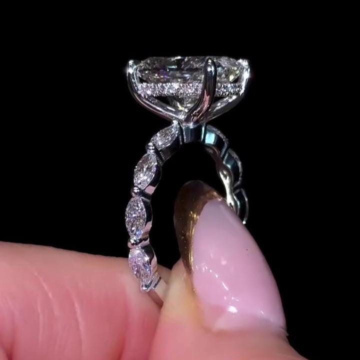 2 Carat Elongated Cushion hidden halo Pave Band Lab Grown Diamond ring  | IGI Certified D-E VS1-VVS2 | 14K / 18K Solid Gold | 1 to 5 Carat