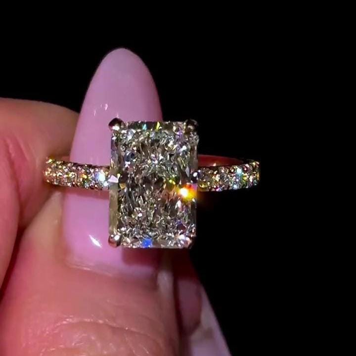 2 Carat  Radiant Pave Band Hidden Halo Lab Grown Diamond ring  | IGI Certified D-E VS1-VVS2 | 14K / 18K Solid Gold | 1 To 5 Carat