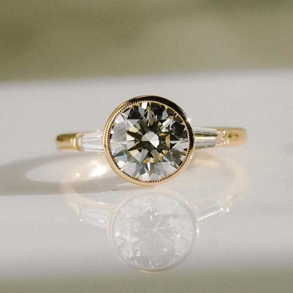 2 Carat Round Cut Bezel Baguette Three Stone Ring  | Lab Grown Diamond  IGI Certified D-E VS1-VVS2 | 14K / 18K Solid Gold | 2  to 5 Carat