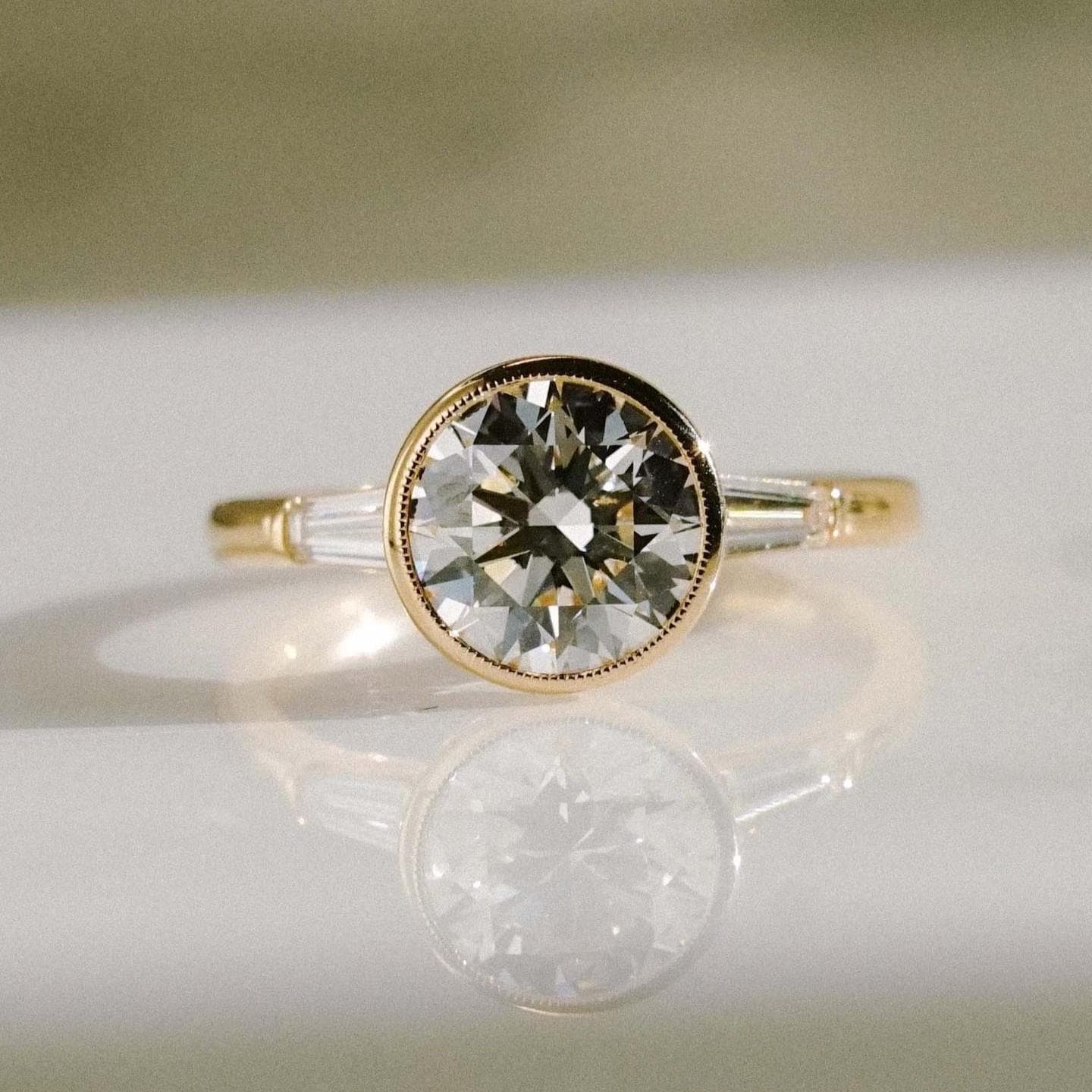 2 Carat Round Cut Bezel Baguette Three Stone Ring  | Lab Grown Diamond  IGI Certified D-E VS1-VVS2 | 14K / 18K Solid Gold | 2  to 5 Carat
