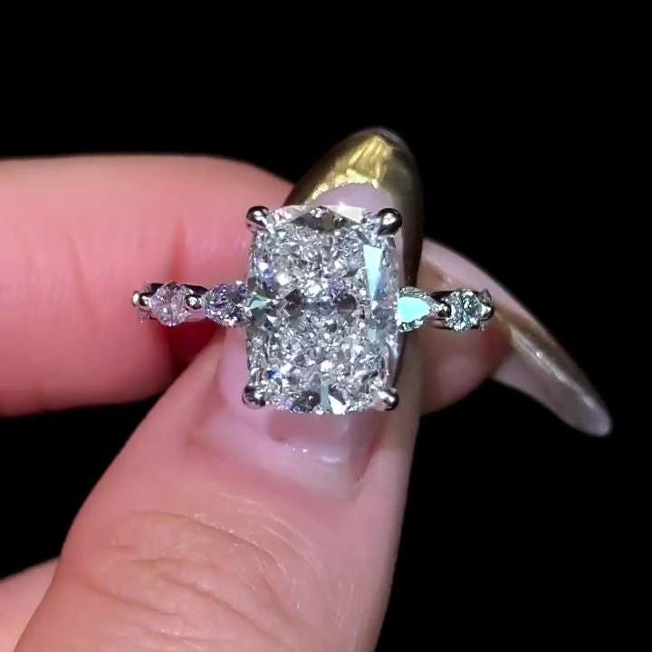 2 Carat Elongated Cushion hidden halo Pave Band Lab Grown Diamond ring  | IGI Certified D-E VS1-VVS2 | 14K / 18K Solid Gold | 1 to 5 Carat