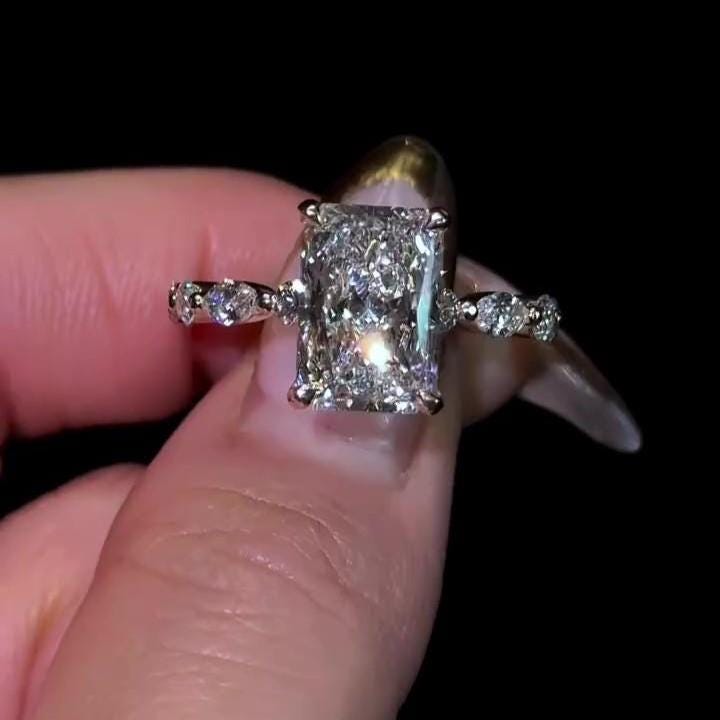 2 Carat Radiant Pave Band Lab Grown Diamond  Ring  | IGI Certified D-E VS1-VVS2 | 14K / 18K Solid Gold | 2 to 3 Carat