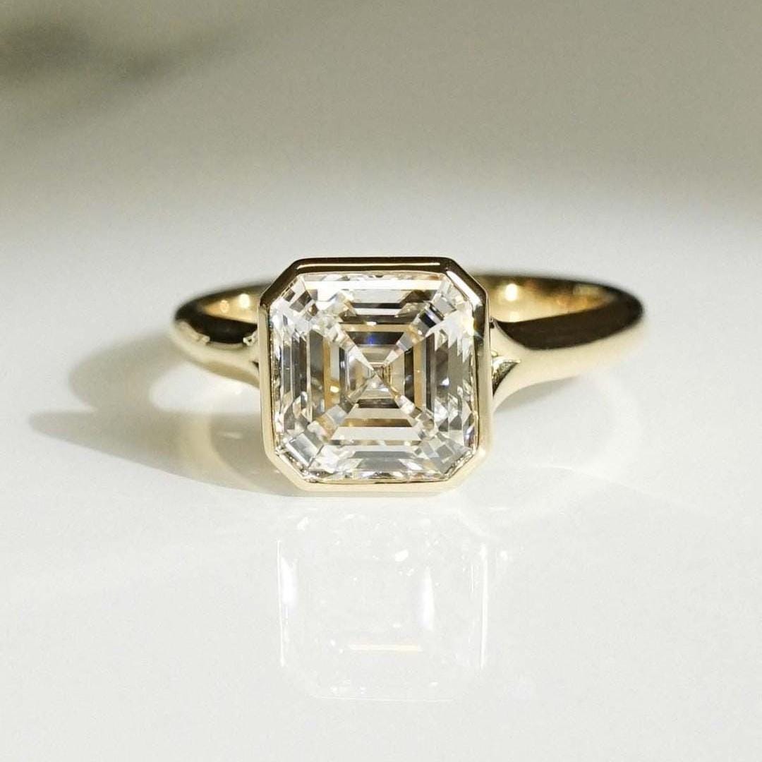 3 Carat Asscher bezel Lab Grown Diamond  Ring Bezel setting | IGI Certified D-E VS1-VVS2 | 14K / 18K Solid Gold | 1 to 5 Carat