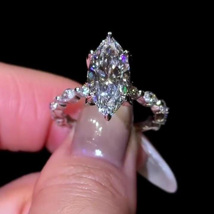 2  Carat Marquise  Pave Band Lab Grown Diamond  Ring  | IGI Certified D-E VS1-VVS2 | 14K / 18K Solid Gold | 2 to 3 Carat