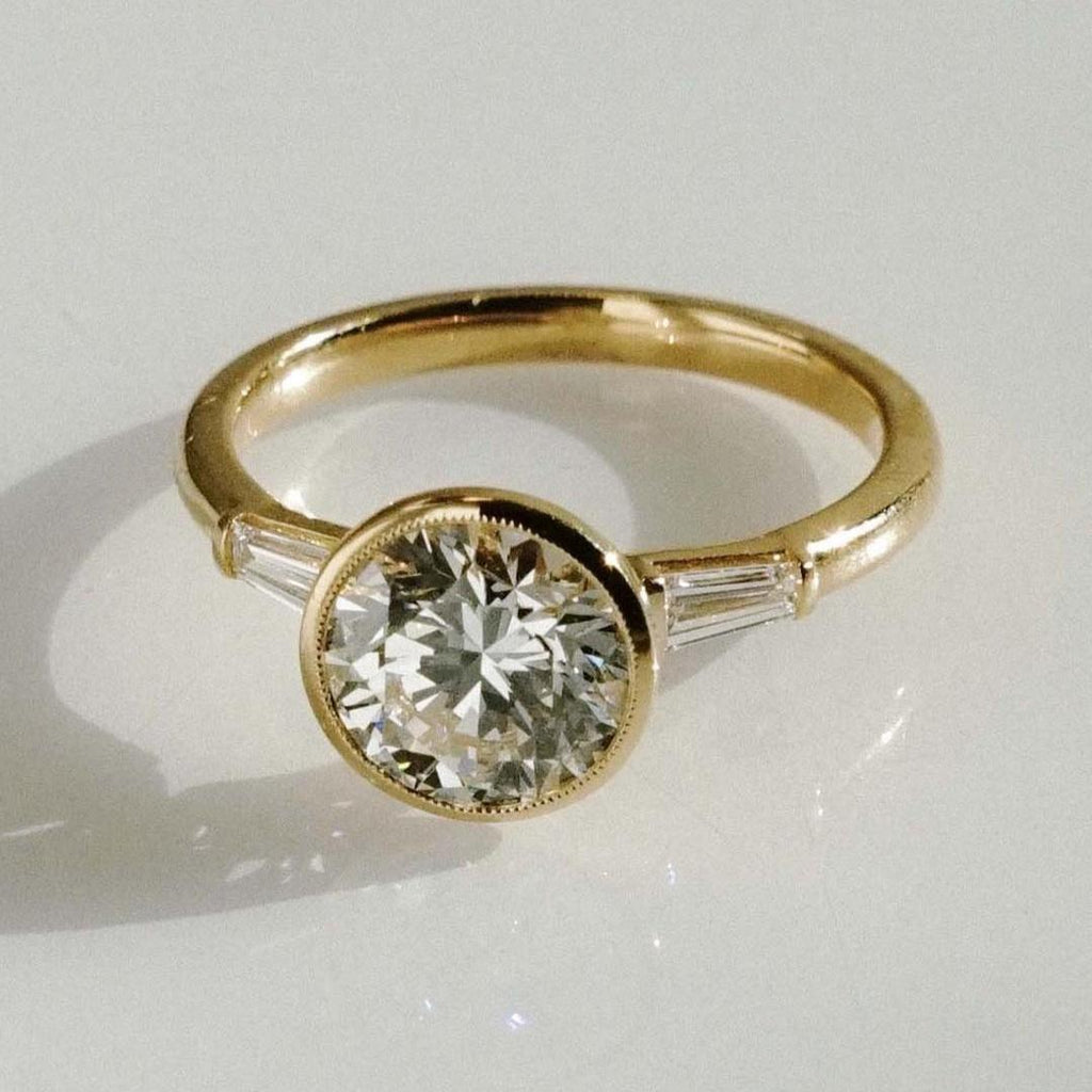 2 Carat Round Cut Bezel Baguette Three Stone Ring  | Lab Grown Diamond  IGI Certified D-E VS1-VVS2 | 14K / 18K Solid Gold | 2  to 5 Carat