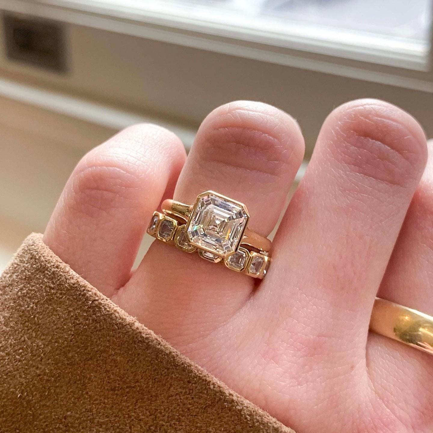 3 Carat Asscher bezel Lab Grown Diamond  Ring Bezel setting | IGI Certified D-E VS1-VVS2 | 14K / 18K Solid Gold | 1 to 5 Carat